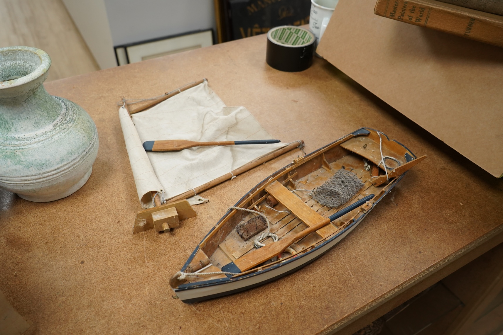 A Pietra Dura inkstand, telescope, cased glass flask and a wood boat model